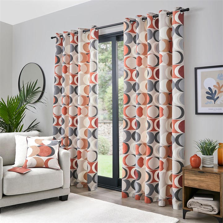 FUSION SANDER GEO CIRCLE PRINT EYELET CURTAINS IN SPICE