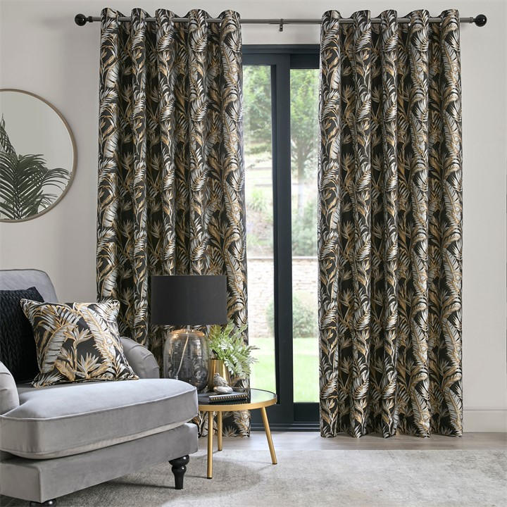 LAURENCE LLEWELYN-BOWEN PARADISE PALM GOLD BLACK JACQUARD EYELET CURTAINS