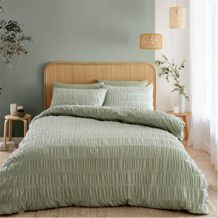 Catherine Lansfield Unisex Green Seersucker Duvet Cover Set King