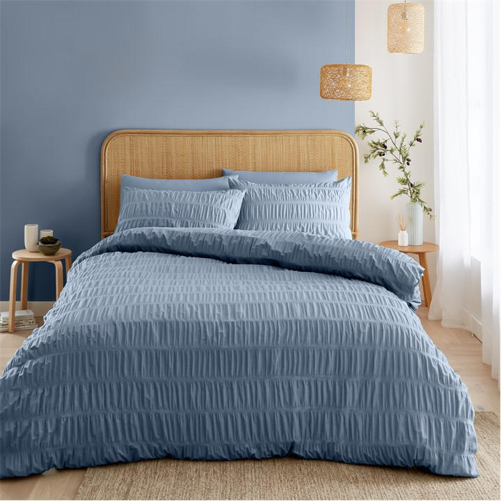 Catherine Lansfield Unisex Lansfield Blue Seersucker Duvet Cover Set - Single
