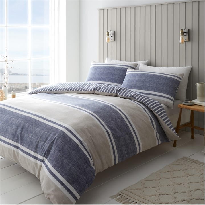 Catherine Lansfield Unisex Blue Banded Stripe Reversible Duvet Cover Set King