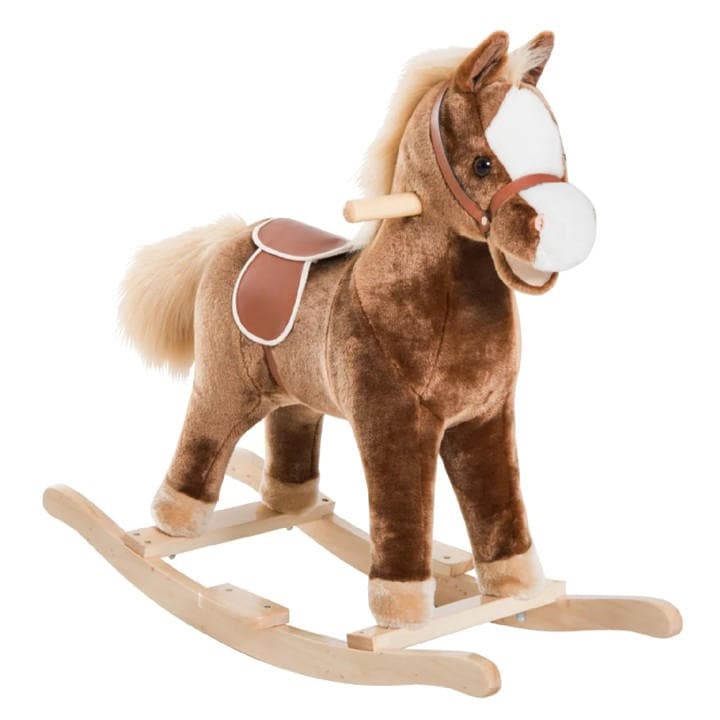 HOMCOM Kids Plush Rocking Horse With Wooden Base - Brown