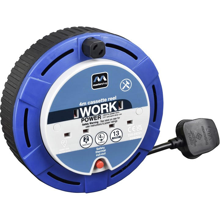 Masterplug Unisex Blue 4M 2 Socket Cassette Cable Reel 13A Small