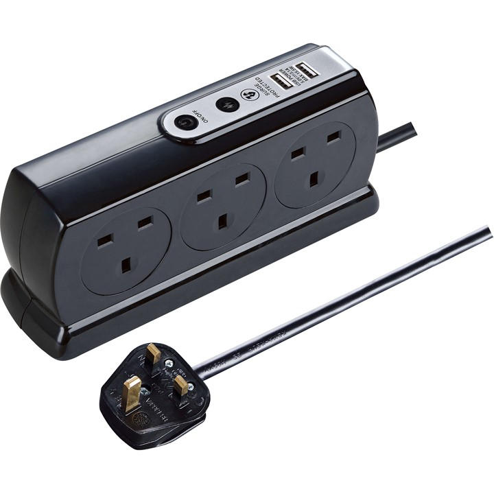 Masterplug Black 6 Socket Usb Compact Extension Lead - Medium