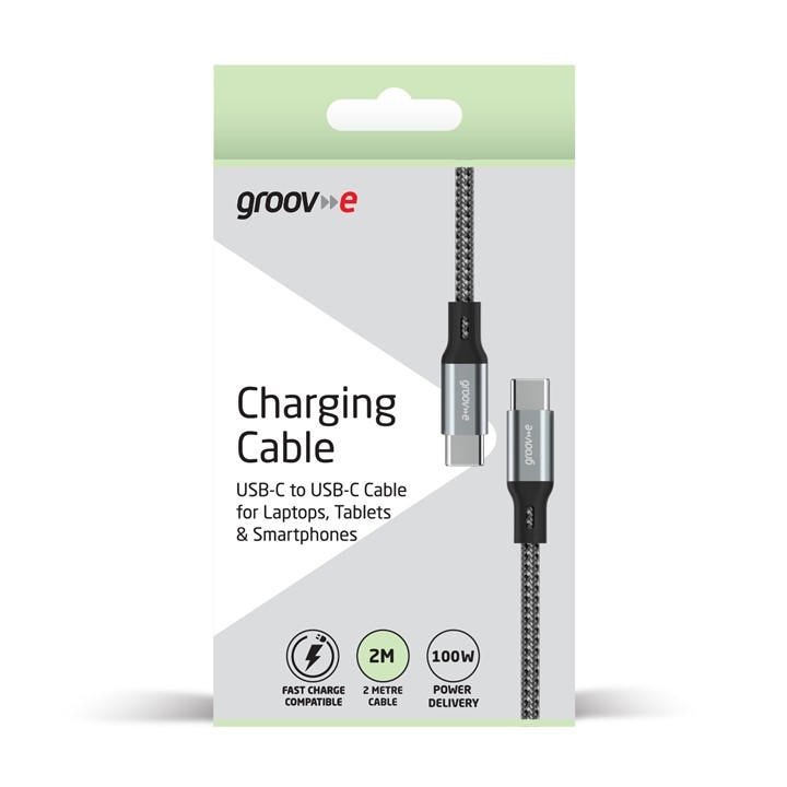 Grey - Groov-e - USB-C to USB-C 100W Charging Cable 2M Braided-SG