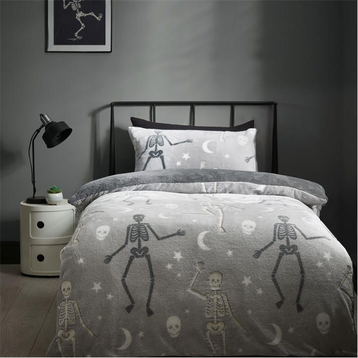 Catherine Lansfield Unisex Kids Grey Halloween Skeleton Glow In The Dark Duvet Set Double
