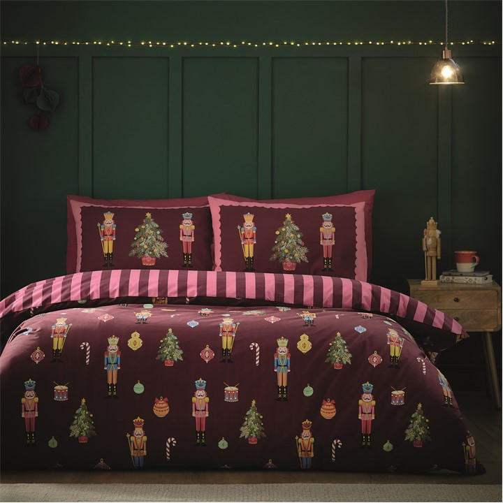 Catherine Lansfield Unisex Purple Christmas Nutcracker Stripe Duvet Cover Set Double