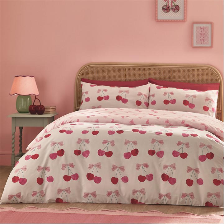 Catherine Lansfield Unisex Pink Cherries And Bows Reversible Duvet Cover Set Single