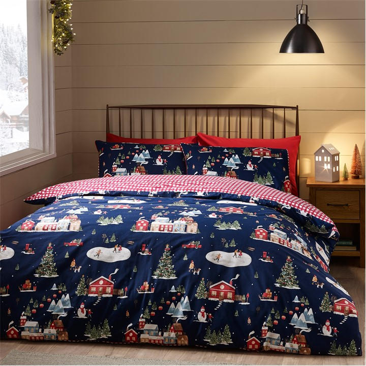 Catherine Lansfield Unisex Blue Christmas Ski Village Reversible Duvet Cover Set Single