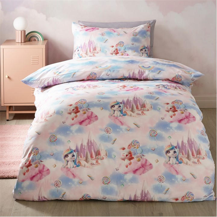 Catherine Lansfield Unisex Kids Pink Candy Unicorn So Soft Reversible Duvet Cover Set Double