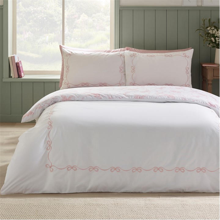 Catherine Lansfield Unisex White Bow Embroidery Duvet Cover Set Double