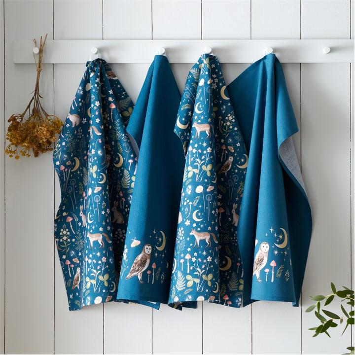 Catherine Lansfield Unisex Blue Enchanted Twilight Kitchen Tea Towel Pack Of 4 50X70cm