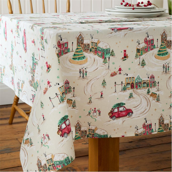Catherine Lansfield Unisex Beige Christmas Town Cotton Table Cloth