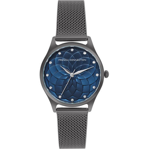 French Connection - Connection Cleo Round Analog Watch With Gun Mesh Strap for Women