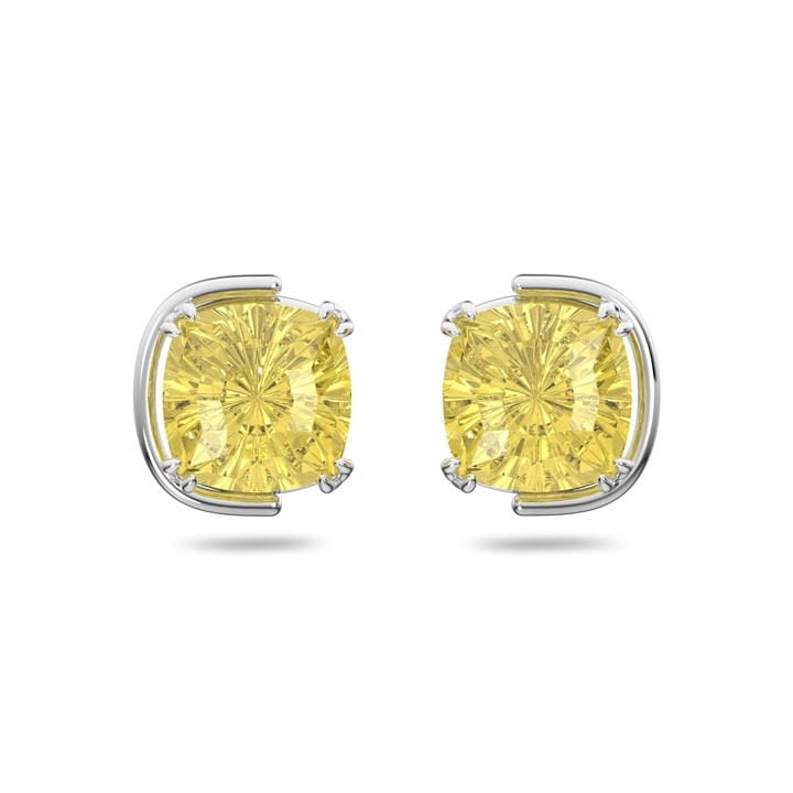 Yellow/Rhodium - Swarovski - Harmonia stud earrings, Cushion cut, Yellow, Rhodium plated