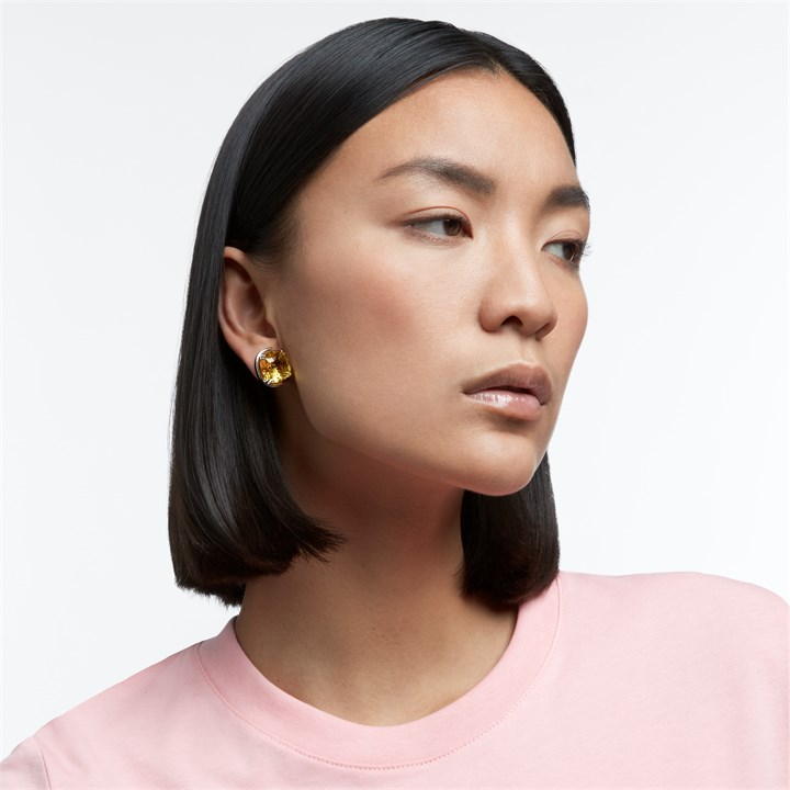 Yellow/Rhodium - Swarovski - Harmonia stud earrings, Cushion cut, Yellow, Rhodium plated