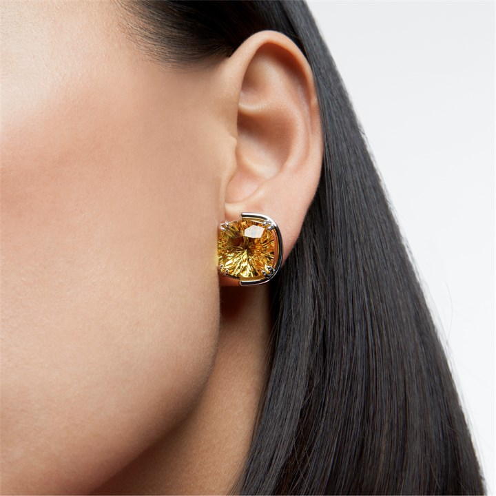 Yellow/Rhodium - Swarovski - Harmonia stud earrings, Cushion cut, Yellow, Rhodium plated