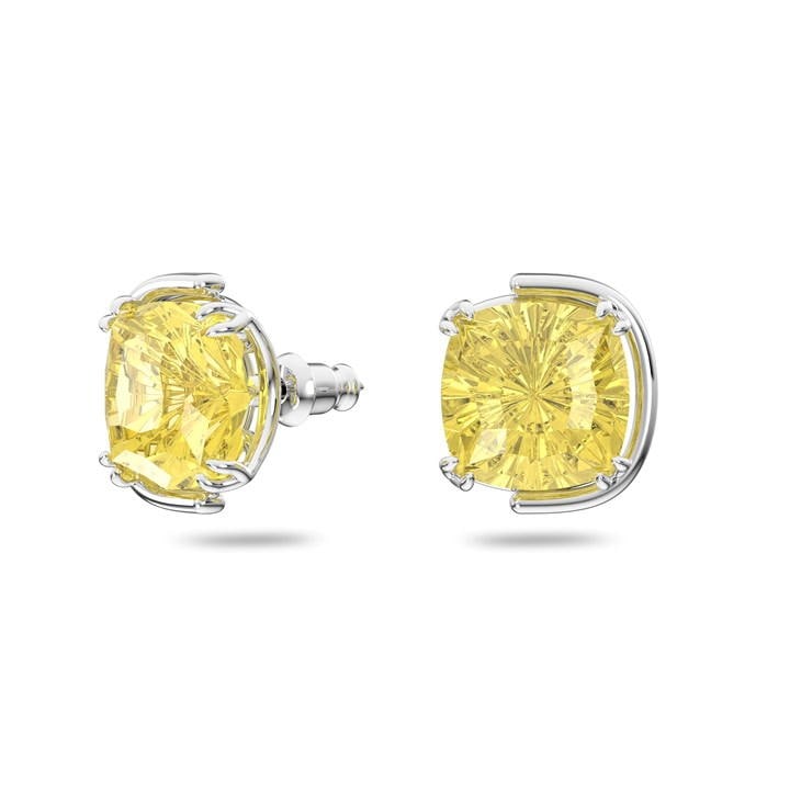 Yellow/Rhodium - Swarovski - Harmonia stud earrings, Cushion cut, Yellow, Rhodium plated
