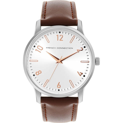 French Connection - Silver Case Round Shape Brown Strap Quartz Watch