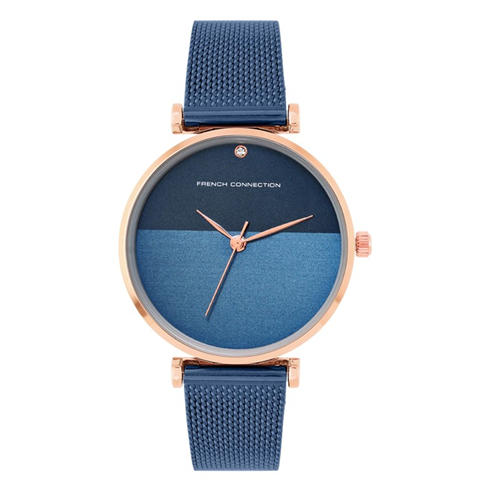 French Connection - Rose Case Round Shape Blue Strap Quartz Watch