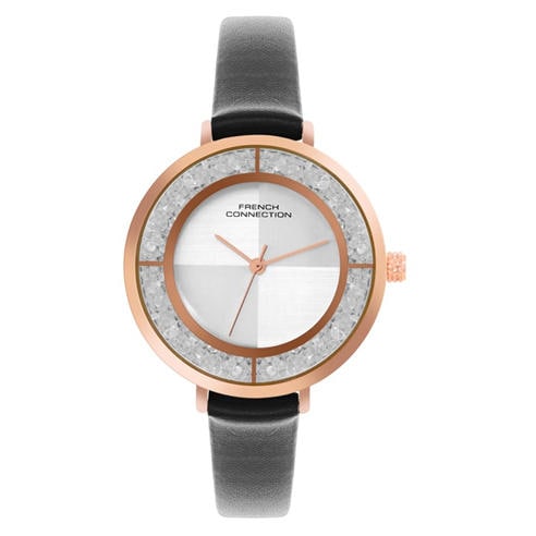 French Connection - Rose Case Round Shape Black Strap Quartz Watch