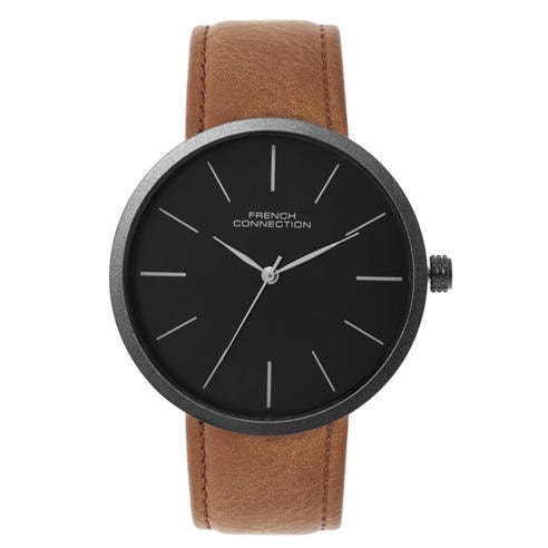French Connection - French Connection Black Case Round Shape Brown Strap Quartz Watch