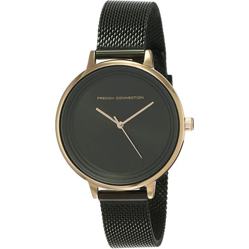 French Connection - French Connection Rose Case Round Shape Black Strap Quartz Watch