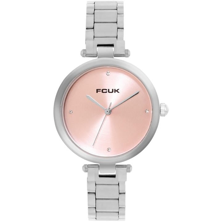 Fcuk Silver Case Round Shape Silver Strap Quartz Watch In Pink
