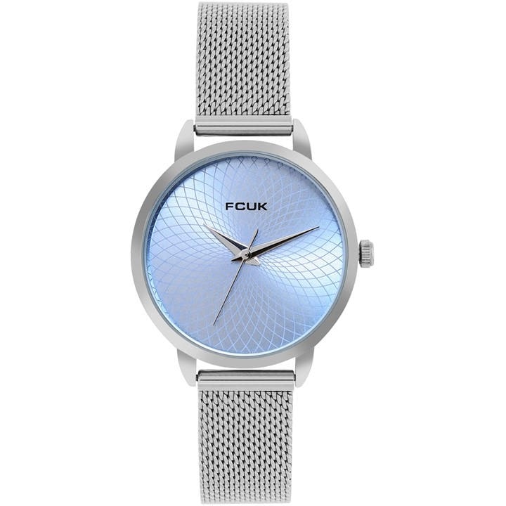 Fcuk Silver Case Round Shape Silver Strap Quartz Watch In Blue