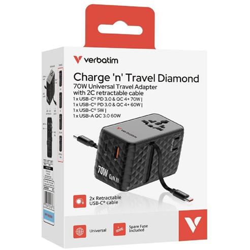 Verbatim - Charge n Travel 70W 2C Universal Travel Adaptor - Black