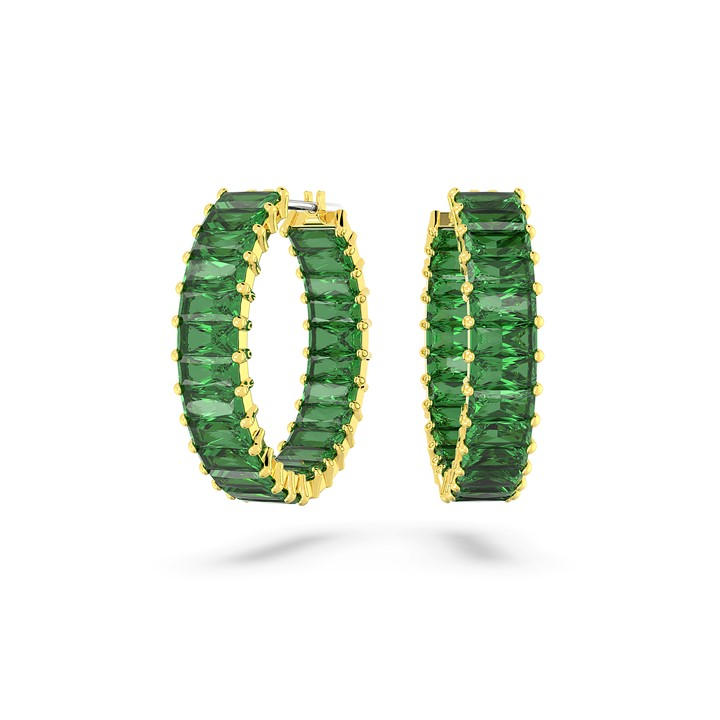 Swarovski Women's Gold Matrix Hoop Earrings, Baguette Cut, Green, -Tone Plated
