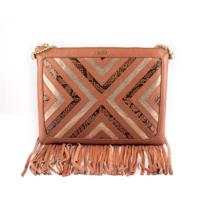 Biba Leather Fringe Chevron Pouch In Brown