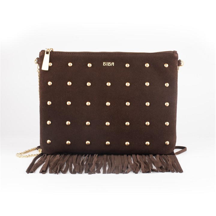 Biba Suede Fringe Studded Pouch In Brown
