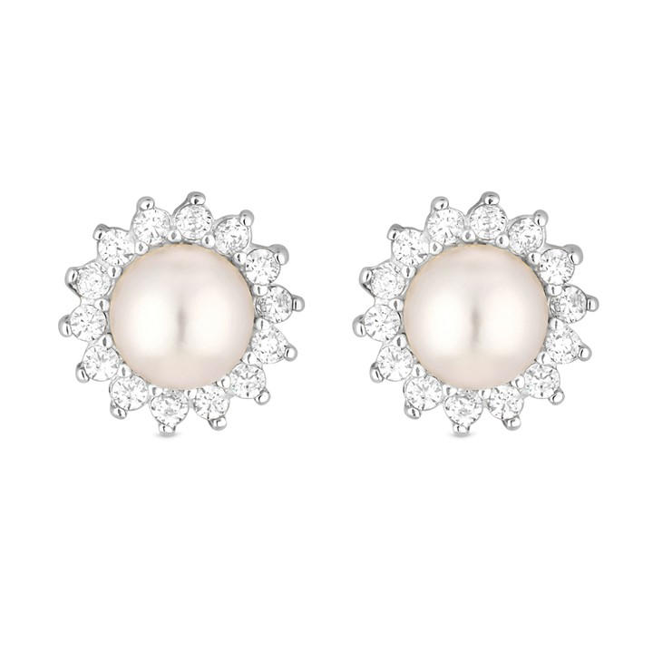 Simply Silver Women's Silver Simply Sterling 925 Pearl And Cz Halo Studs