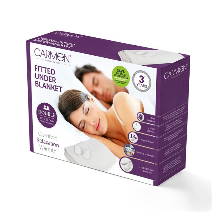 Carmen Unisex White Double Fitted Electric Blanket 193X137 With 40Cm Medium