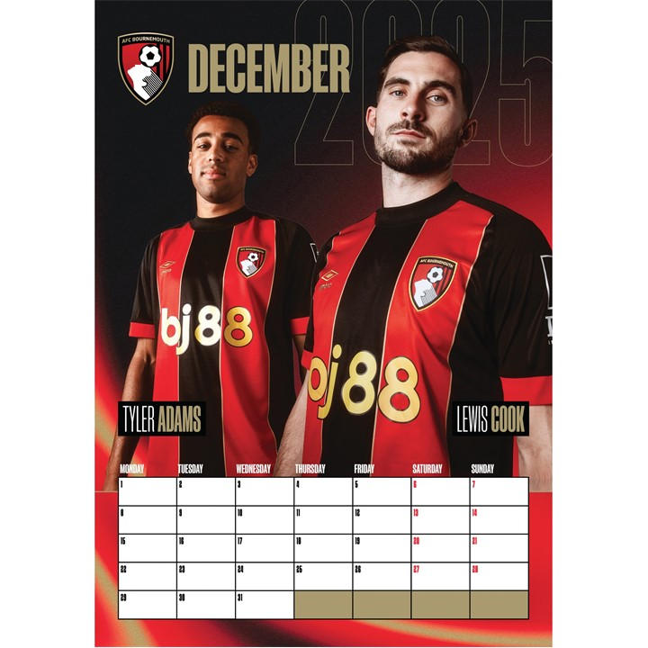 Bournemouth AFC OFFICIAL BOURNEMOUTH AFC 2025 A3 CALENDAR Multi